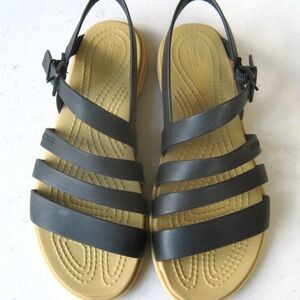 CROCS Black Strappy Sandals with Tan Sole